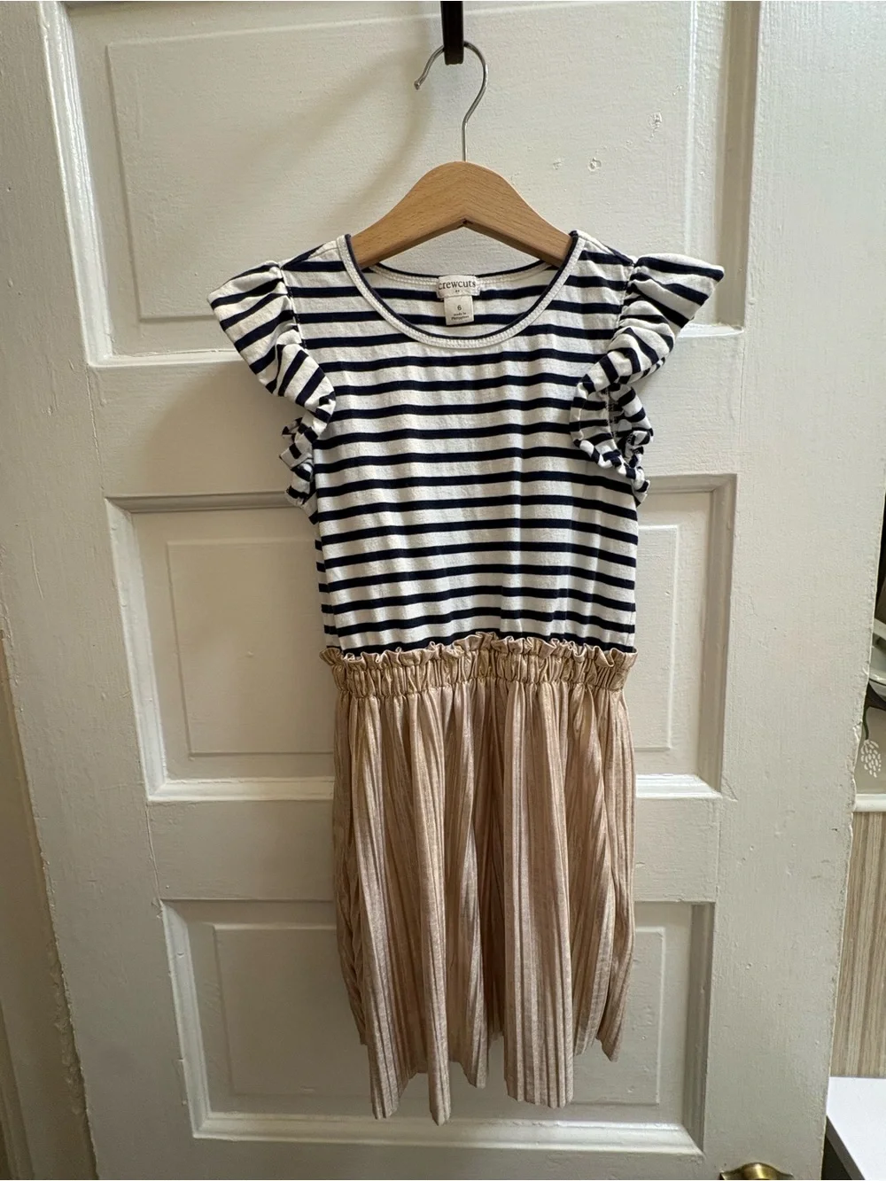 Crewcuts Navy & White Striped Top with Tan Pleated Skirt Dress